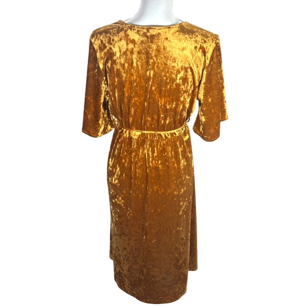 Boho Festival Crushed Velvet Mini Dress Gold Plunge Neck Tassel Flutter Sleeve L - Picture 3 of 9